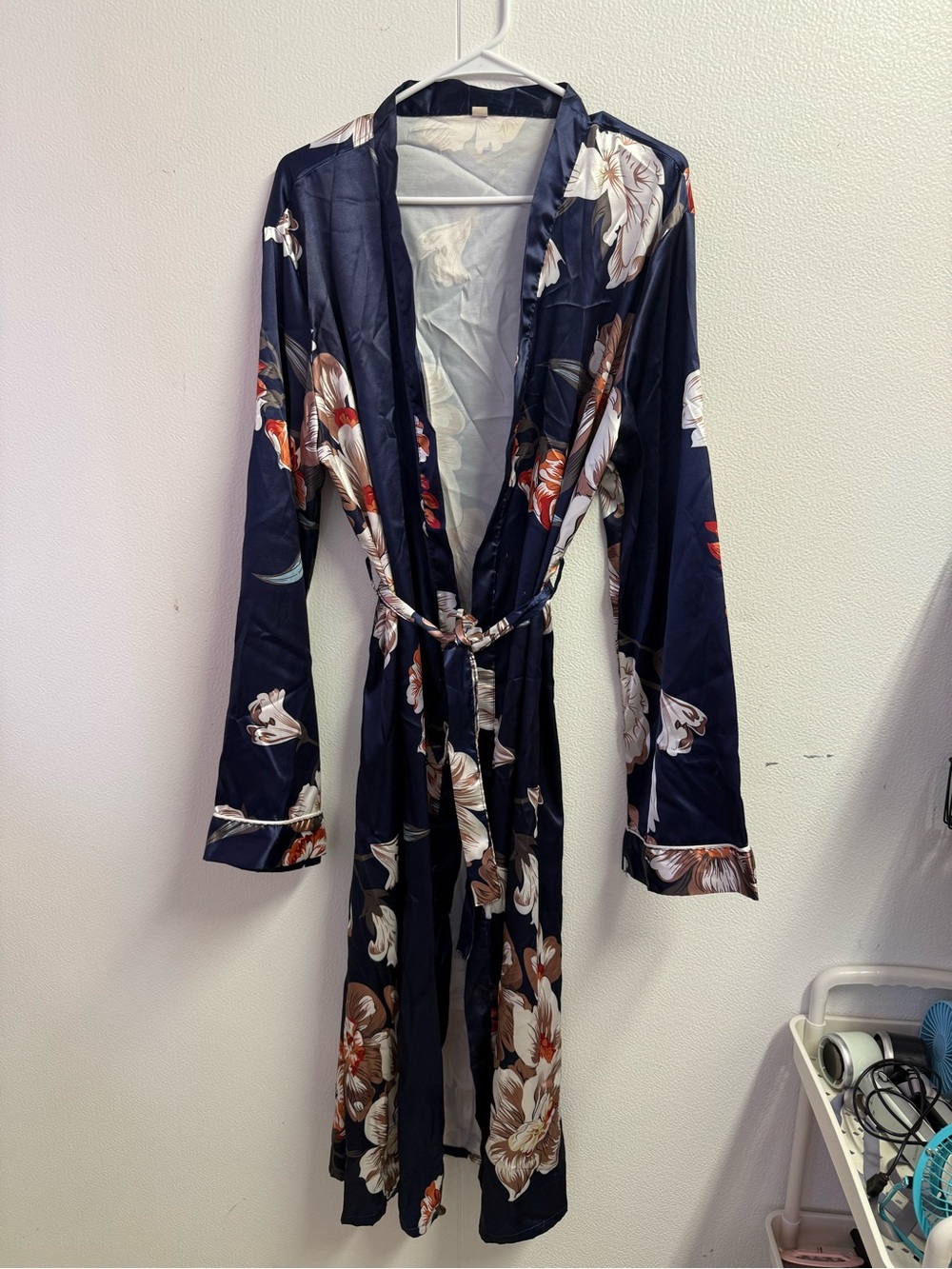 Floral Satin Long Robe - Navy